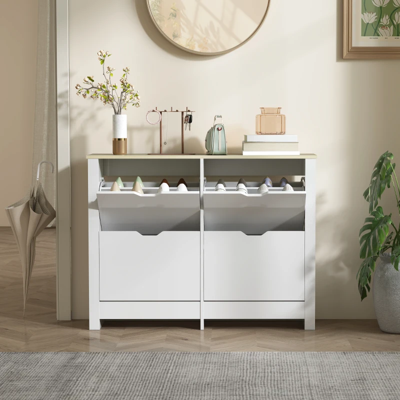 HOMCOM Armadio Portascarpe 4 Ante Ribaltabili 2 Compartimenti Pannelli Particelle Bianco rovere