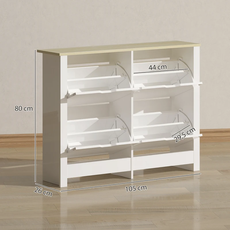 HOMCOM Schuhschrank 4 klapptürige Türen 2 Fächer aus Spanplatten Weiß Eiche