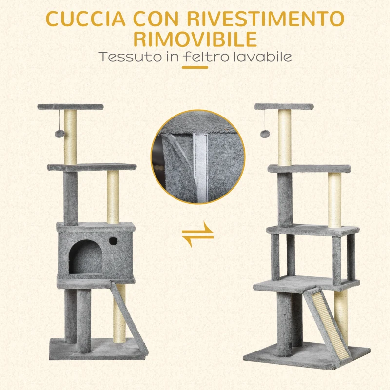 PawHut Albero Tiragraffi Multilivello con Casetta, Scala, Pallina e Pali in Sisal, 48x48x125 cm, Grigio