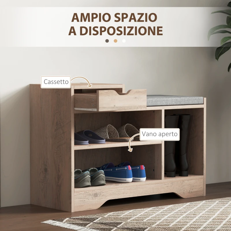 HOMCOM Panca Scarpiera Moderna con 3 Ripiani Aperti e Cassetti, in Legno, Poliestere e Spugna, 76.5x30x52 cm, Grigio