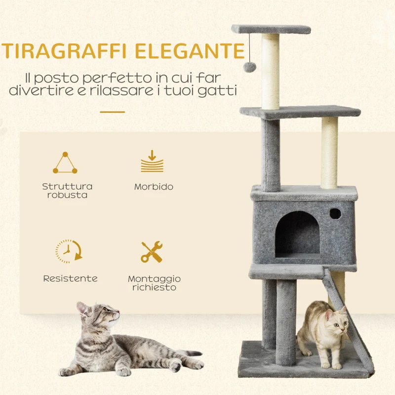 PawHut Albero Tiragraffi Multilivello con Casetta, Scala, Pallina e Pali in Sisal, 48x48x125 cm, Grigio