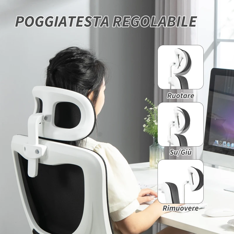 Vinsetto Sedia da Ufficio Regolabile e Reclinabile con Poggiatesta Rimovibile, in Tessuto a Rete, 60x59x114-122 cm, Nero