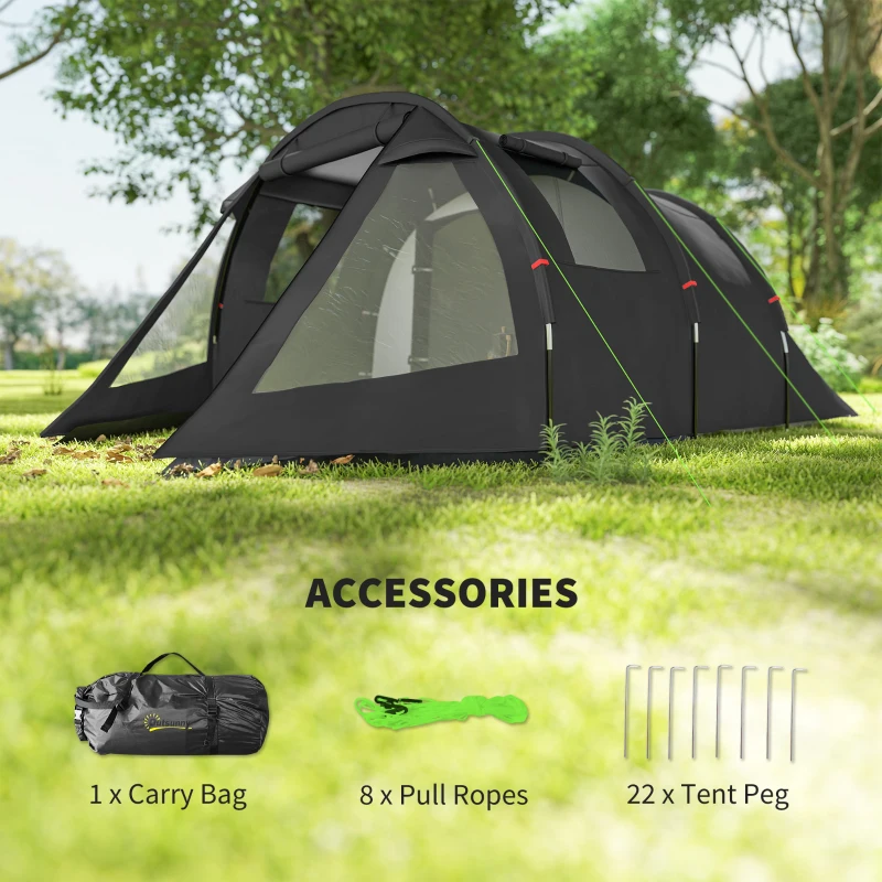 Outsunny 3-4 Man Tunnel Tent, Two Room Camping Tent with Windows, Portable Carry Bag, for Fishing, Hiking, Sports, Festival - Black