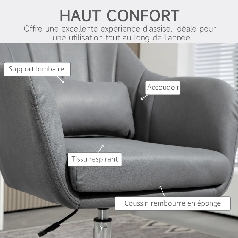 HOMCOM Fauteuil de salon coussins lombaires hauteur réglable pivotant 360° piètement en métal gris foncé
