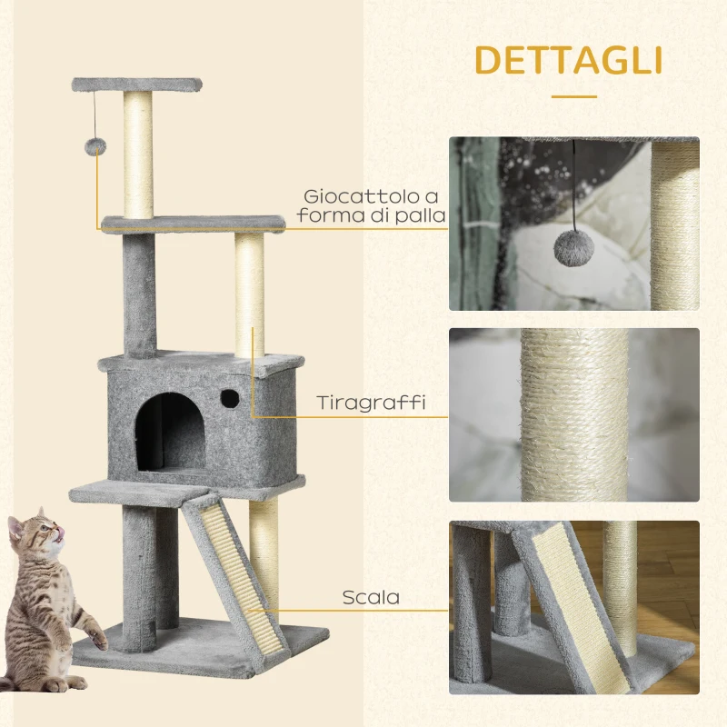 PawHut Albero Tiragraffi Multilivello con Casetta, Scala, Pallina e Pali in Sisal, 48x48x125 cm, Grigio