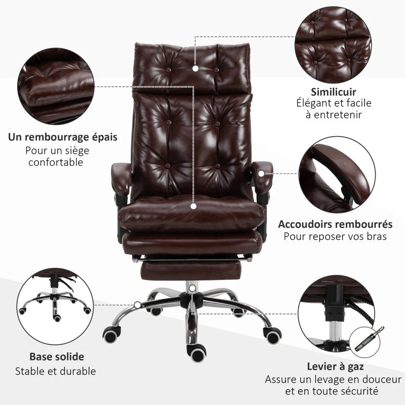 Vinsetto Fauteuil de bureau chaise de bureau ergonomique avec hauteur réglable dossier inclinable repose-pied rétractable marron(m-7)