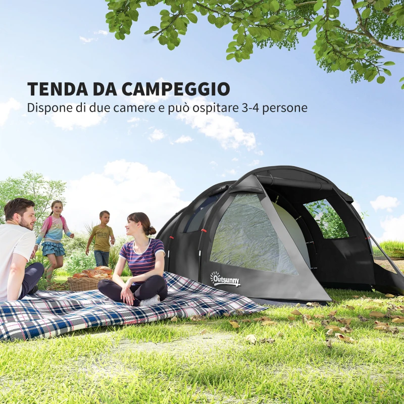 Outsunny Tenda da Campeggio 3 Posti con 2 Stanze Interne con Finestre e Coperture, 475x264x172 cm, Nero