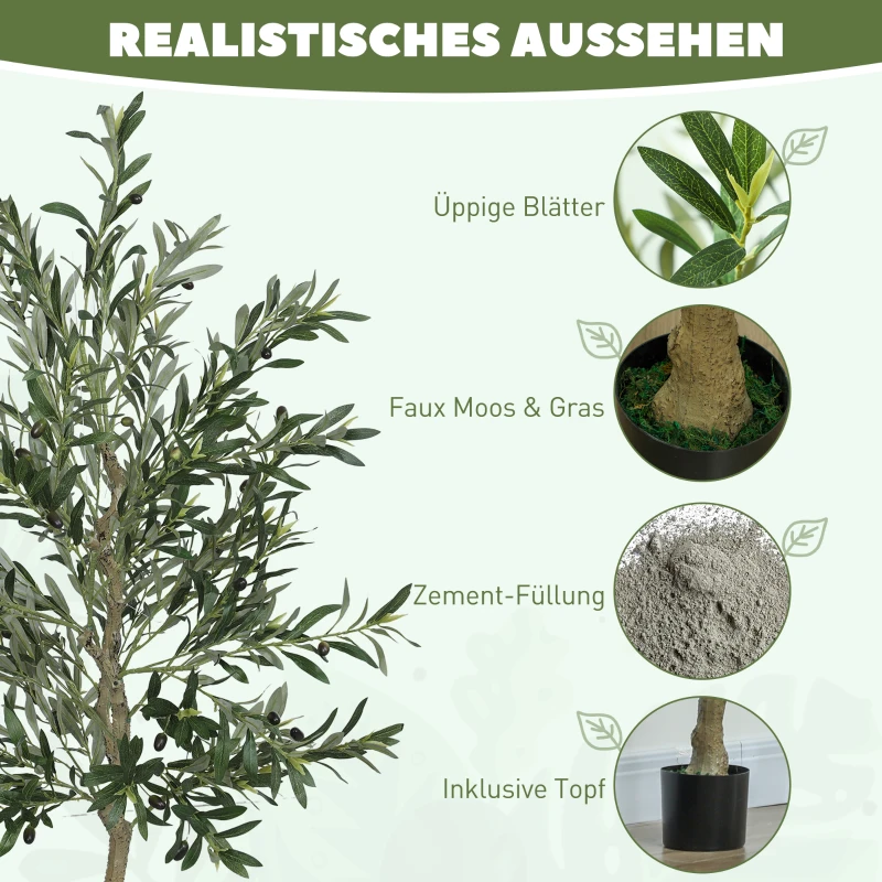 HOMCOM Kunstpflanze, Künstlicher Olivenbaum, 180 cm, 900 Blätter, 40 Oliven, stabiler Blumentopf, Dekorationspflanze, Grün