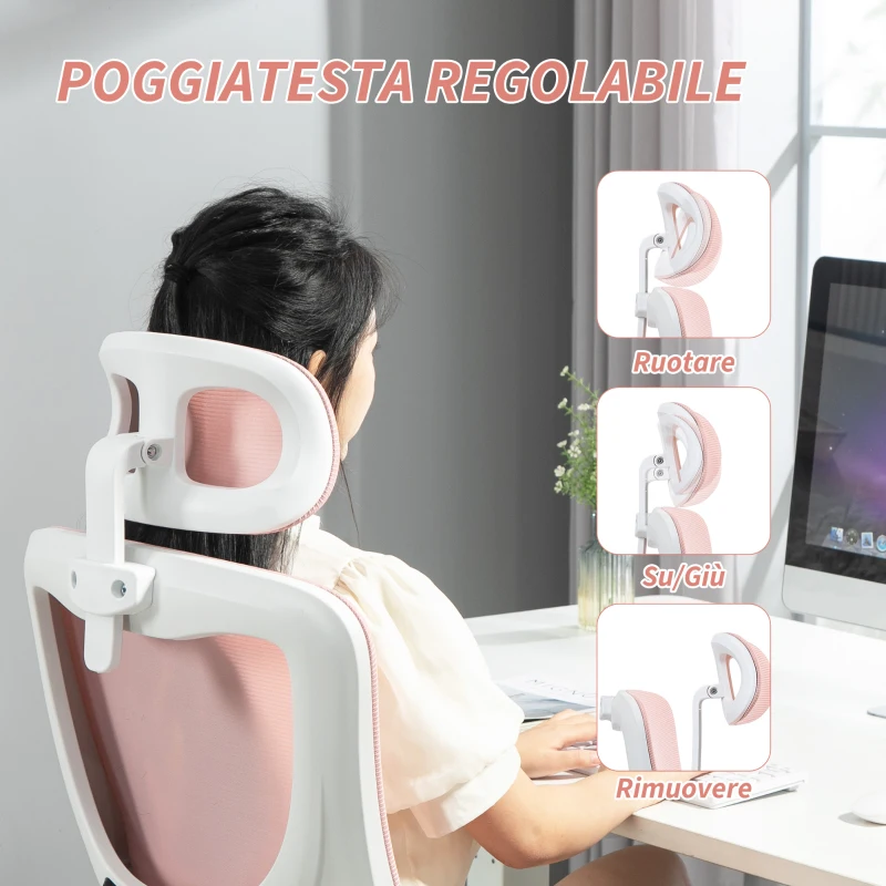 Vinsetto Sedia da Ufficio Regolabile e Reclinabile con Poggiatesta Rimovibile, in Tessuto a Rete, 60x59x114-122 cm, Rosa