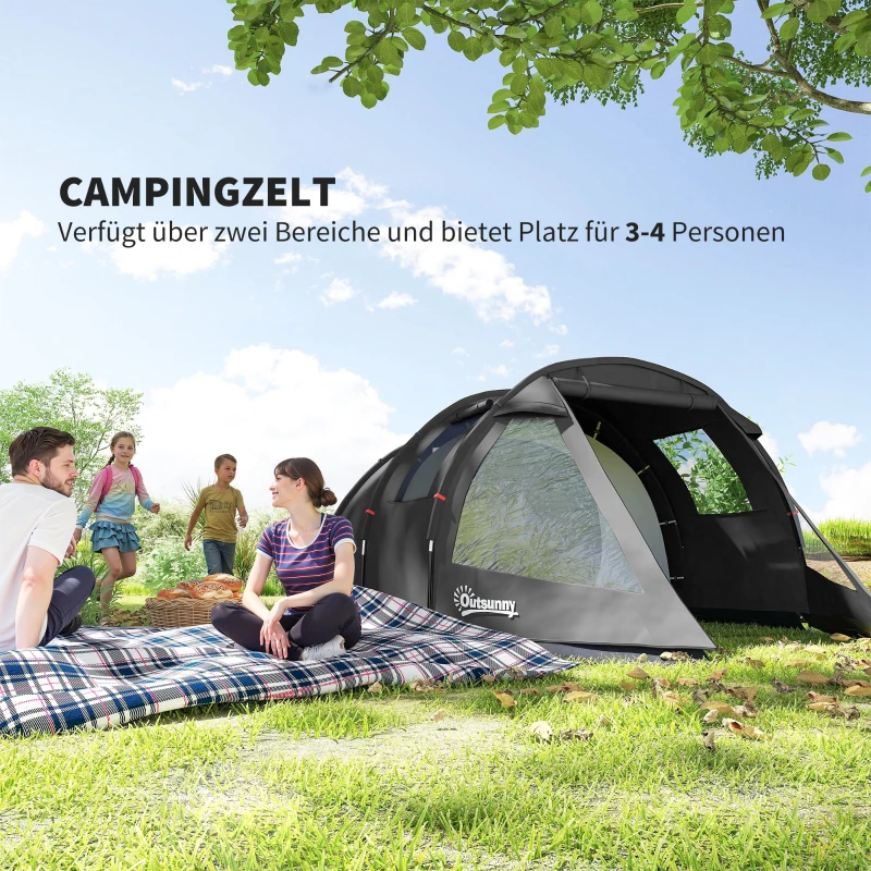 Outsunny Campingzelt Trekkingzelt Zelt, wetterbeständig, 2 Räume,  475 x 264  cm Breite x 172, Schwarz
