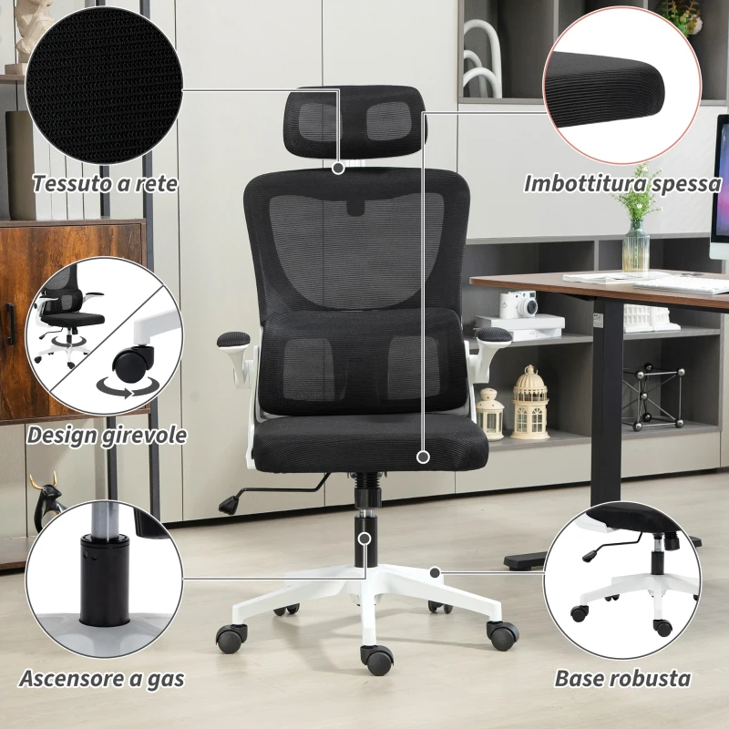 Vinsetto Chaise de Bureau Réglable et Inclinable avec Appuie-tête Amovible, en Tissu en Maille, 60x59x114-122 cm, Noir