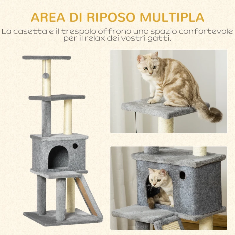 PawHut Albero Tiragraffi Multilivello con Casetta, Scala, Pallina e Pali in Sisal, 48x48x125 cm, Grigio