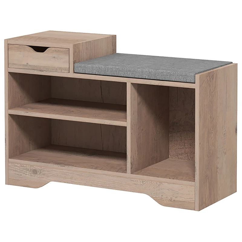 HOMCOM Moderne Schuhschrankbank mit 3 offenen Regalen und Schubladen, aus Holz, Polyester und Schwamm, 76,5x30x52 cm, Grau