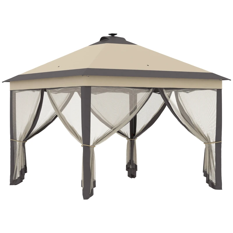 Outsunny Tenda Dobrável Exterior 3,3x3,3x2,9 m com Luzes LED e Controle Remoto 4 Mosquiteiras Removíveis e Bolsa de Transporte Bege