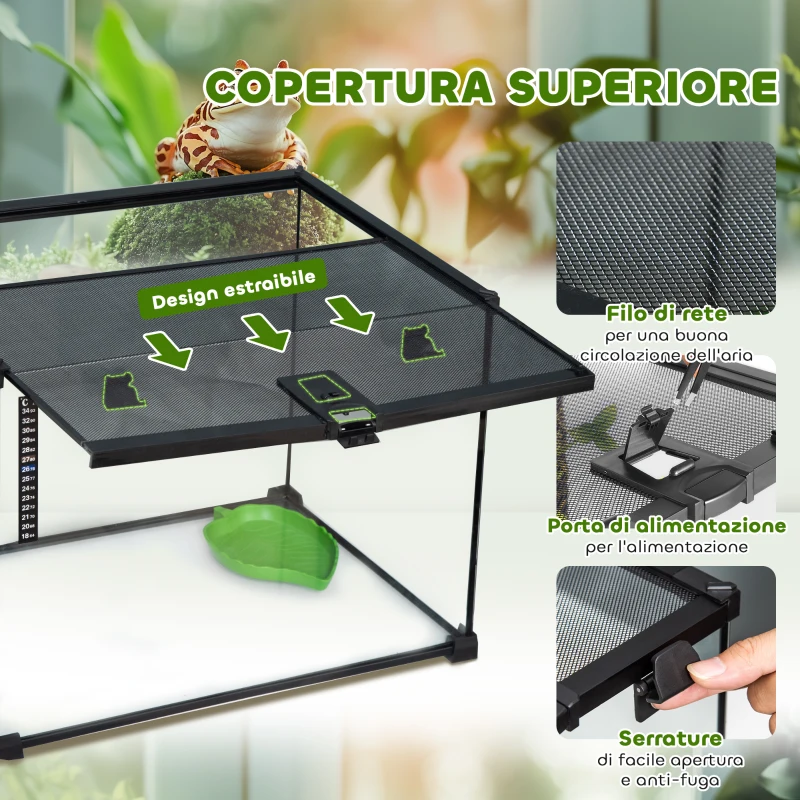 PawHut Terrario per Rettili Rialzato con Serratura e Termometro, in Vetro e Rete Metallica, 50x30x35 cm, Nero