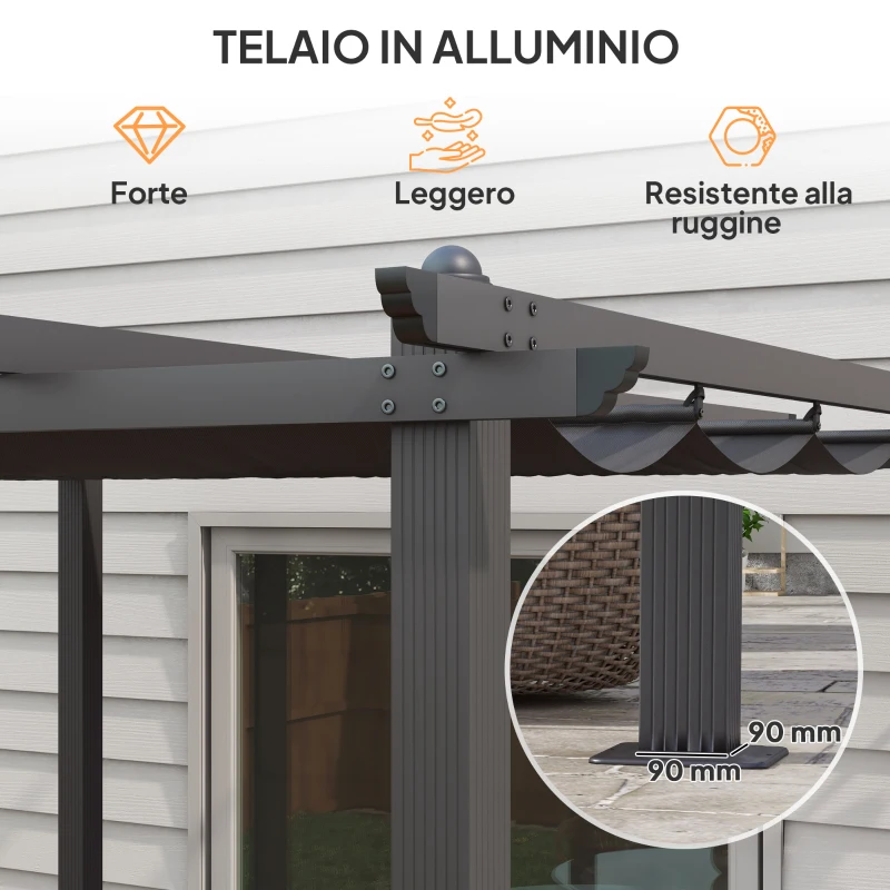 Outsunny Pergola Gazebo 3x3 m con 8 Fori di Drenaggio, in Alluminio, Metallo e Poliestere, Grigio Scuro