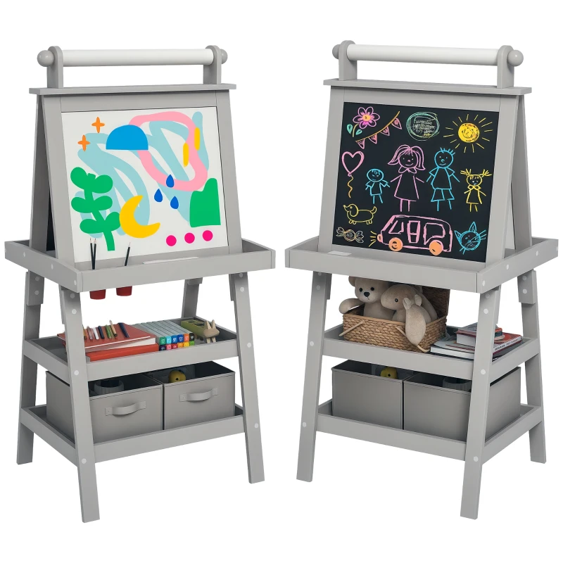 AIYAPLAY Caballete de Pintura para Niños 3 en 1 Pizarra de Doble Cara con Rollo de Papel y Cestas de Almacenamiento Gris