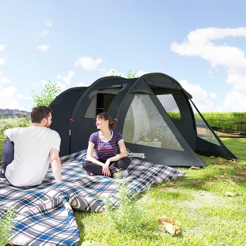 Outsunny Cort de Camping pentru 3 Persoane cu 2 Camere, Ferestre și Geantă de Transport, 475x264x172 cm, Negru