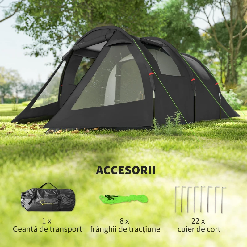 Outsunny Cort de Camping pentru 3 Persoane cu 2 Camere, Ferestre și Geantă de Transport, 475x264x172 cm, Negru
