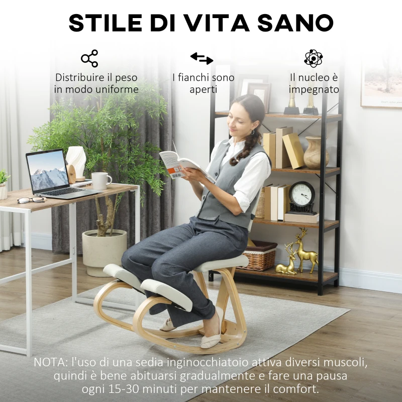 HOMCOM Sedia Inginocchiatoio Dondolante in Tessuto Effetto Lino e Legno di Betulla, 51x84x93 cm, Crema