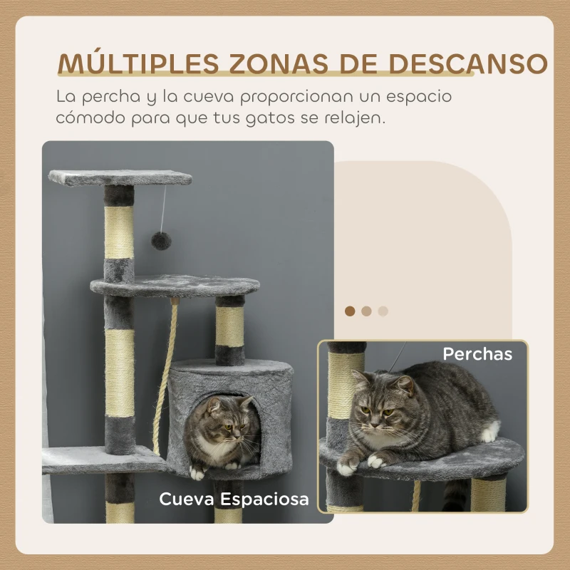 PawHut Rascador para Gatos Altura 116 cm Árbol para Gatos con Postes de Sisal Cueva Plataformas y Juguetes Gris Oscuro