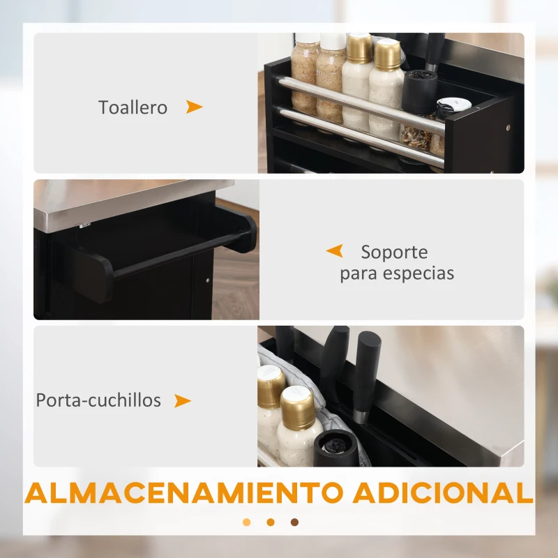 HOMCOM Isla de Cocina con Ruedas Tablero de Acero Inoxidable Cajones Estantes Ajustables Especiero Toallero 145x45x93 cm Negro