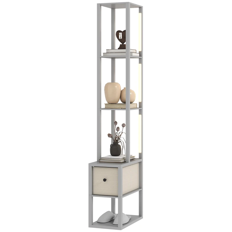 HOMCOM Floor Lamp with Shelves, LED Column Modern Standing Lamp with Fabric Drawer, Adjustable Brightness, Foot Switch for Living Room, Bedroom, Office, Grey