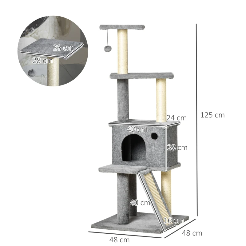 PawHut Albero Tiragraffi Multilivello con Casetta, Scala, Pallina e Pali in Sisal, 48x48x125 cm, Grigio