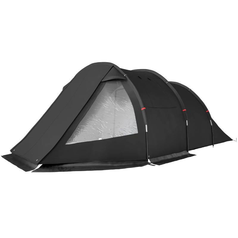 Outsunny Cort de Camping pentru 3 Persoane cu 2 Camere, Ferestre și Geantă de Transport, 475x264x172 cm, Negru