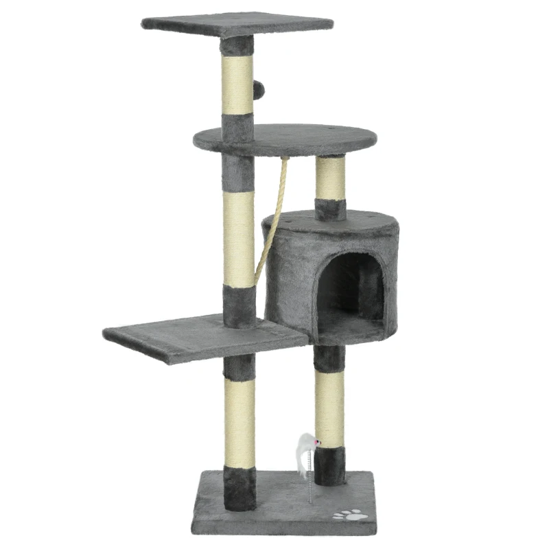 PawHut Griffoir pour Chats Hauteur 116 cm Arbre à Chats avec Poteaux de Sisal Cabane Plateformes et Jouets Gris Foncé