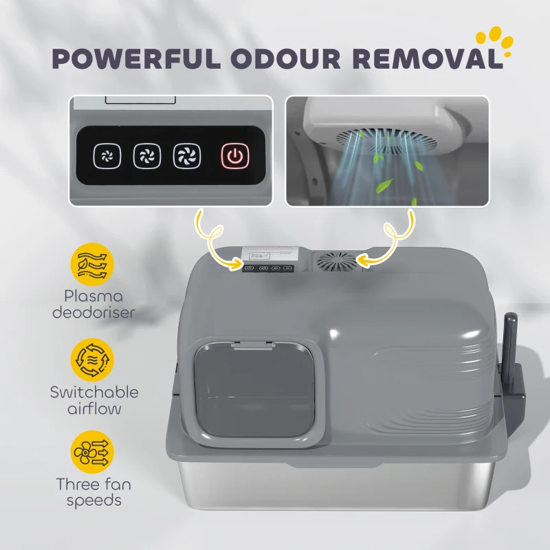 PawHut 65L Extra Large Stainless Steel Litter Tray with Plasma Deodoriser System, High Sided, Easy to Clean & Odour-Resistant