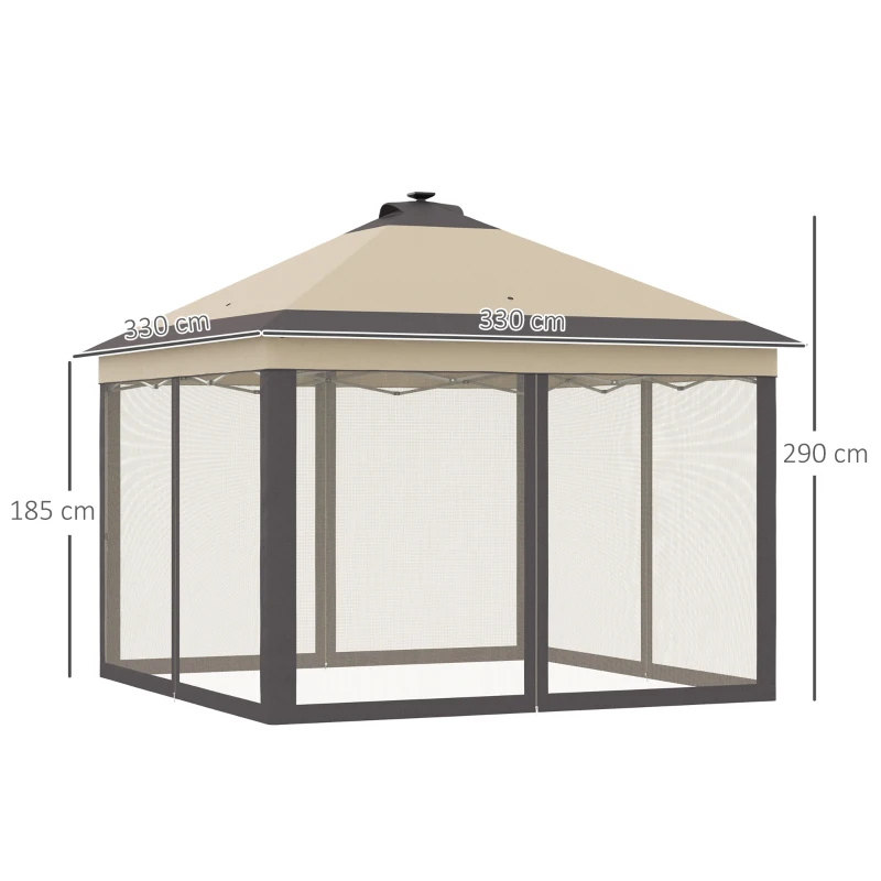 Outsunny Carpa Plegable con Luces LED 3,3x3,3 m Cenador de Jardín con Control Remoto  con 4 Mosquiteras Altura Ajustable Beige