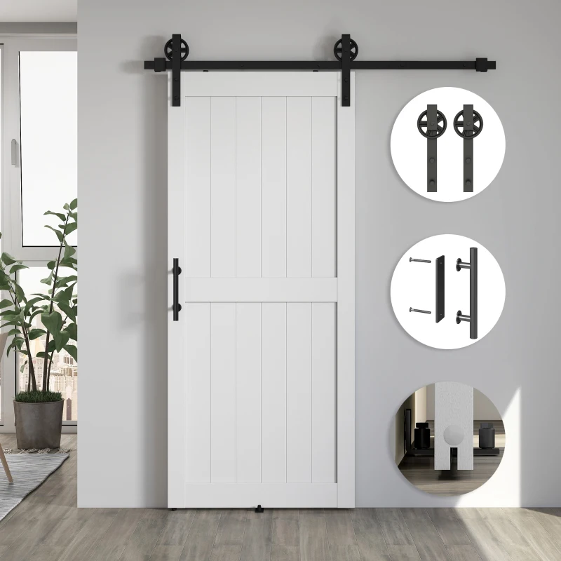 HOMCOM Porta Scorrevole in Stile Country con Binario e Maniglia, in Legno e Acciaio, 183x0.6x4 cm, Bianco e Nero