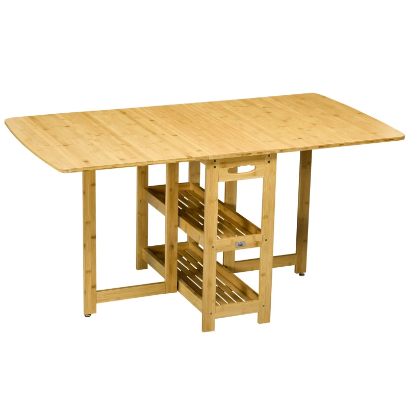 HOMCOM Klapptisch, Esstisch, zwei klappbare Seiten, zwei Ablagen, verstellbare Füße, Bambus, 149,5 x 80 x 73,5cm