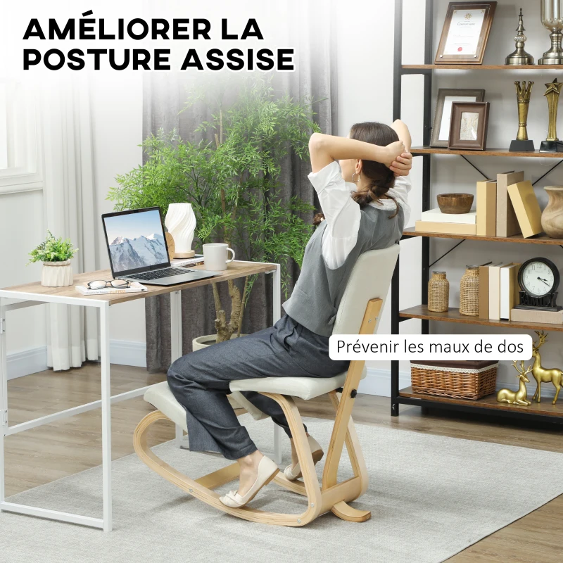HOMCOM Siège assis genoux, tabouret ergonomique en bois à bascule avec dossier, chaise à genoux pour bureau à domicile, crème
