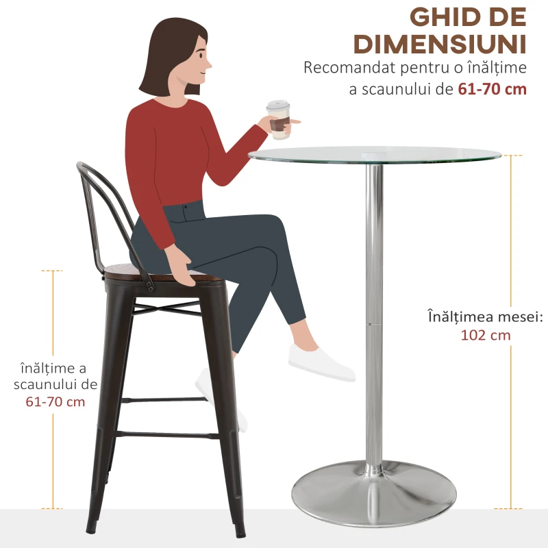 Homcom Masa Bistro Rotunda Bar – Blat Sticla Securizata Ø90 cm, Cadru Metalic Modern