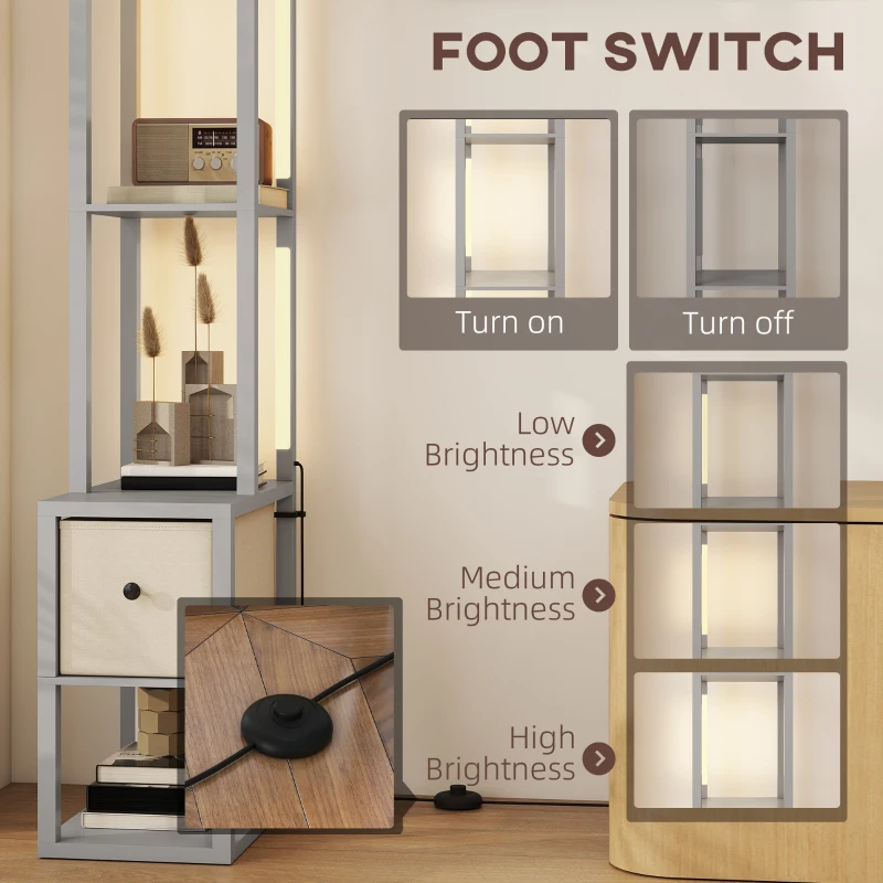 HOMCOM Floor Lamp with Shelves, LED Column Modern Standing Lamp with Fabric Drawer, Adjustable Brightness, Foot Switch for Living Room, Bedroom, Office, Grey