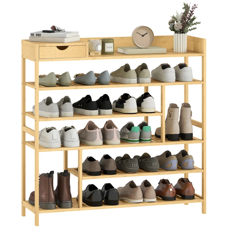 HOMCOM Schuhregal, Schuhständer mit 6 Ebenen, Schublade aus Bambus, für max. 18 Paar Schuhe, Schuhablage für Eingang, Schlafzimmer, 101 x 30 x 100 cm, Natur
