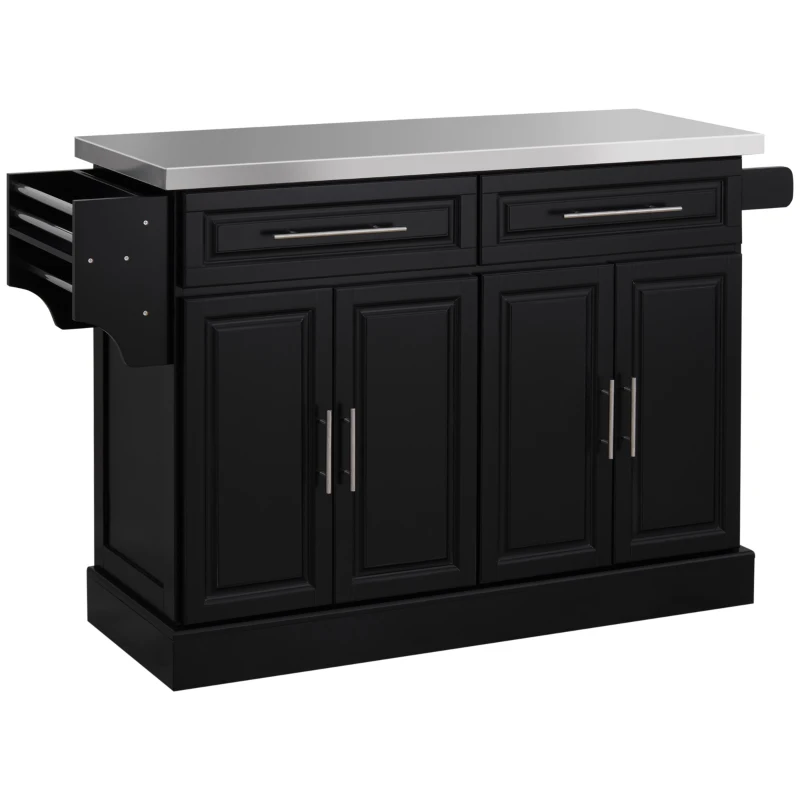 HOMCOM Isla de Cocina con Ruedas Tablero de Acero Inoxidable Cajones Estantes Ajustables Especiero Toallero 145x45x93 cm Negro