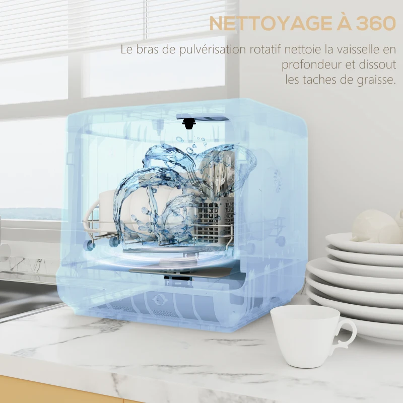 HOMCOM Mini lave-vaisselle 4 couverts 5 programmes réservoir d'eau 6L commande tactile affichage LED 45 x 44 x 45,8 cm blanc