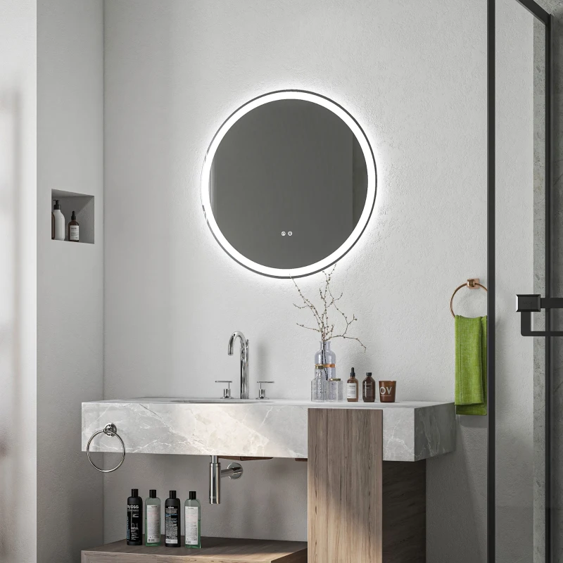 kleankin Miroir rond lumineux LED de salle de bain Ø 80 cm mural avec éclairage 3 couleurs interrupteur tactile 46W blanc argent