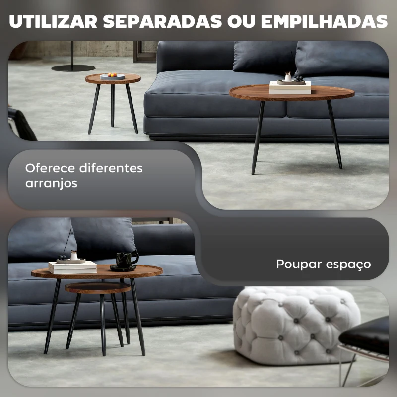 HOMCOM Conjunto de 2 Mesas Auxiliares com Pés de Metal 80x55x49 cm e Ø40x39 cm Madeira e Preto