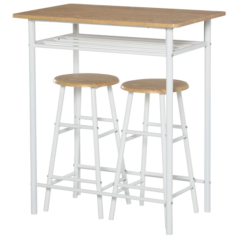 HOMCOM Bartisch Set Bartisch mit 2 Barhockern Essgruppe Küchentisch mit Lagerregal Esstisch für Esszimmer, Küche, Weiß