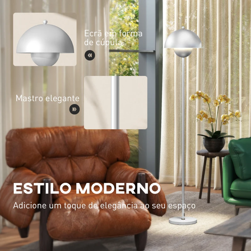 HOMCOM Candeeiro de Pé Moderno com Ecrã em Forma de Taça Refletora de Luz Interruptor de Pé Suporte E27 sem Lâmpada Ø35x155 cm Prata