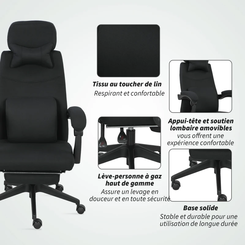 Vinsetto Fauteuil de bureau chaise de bureau grand confort dossier réglable repose-pied roulettes 360° lin 62 x 68 x 127 cm noir