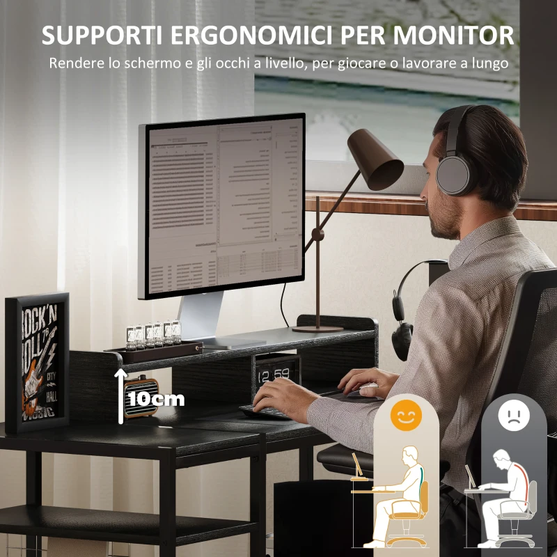 HOMCOM Scrivania PC con Supporto per Monitor e 2 Ripiani Regolabili, in Legno e Acciaio, 120x48x85.5 cm, Nero