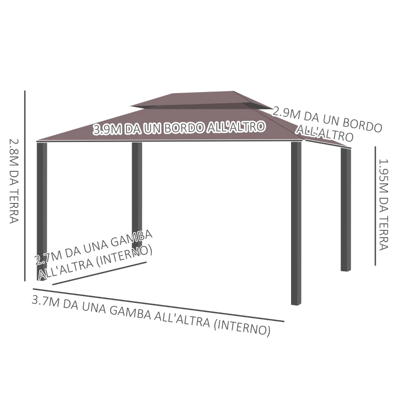 Outsunny Gazebo da Giardino 3x4m con Doppio Tetto, Zanzariera e Tende, Alluminio e Poliestere, Color Caffè