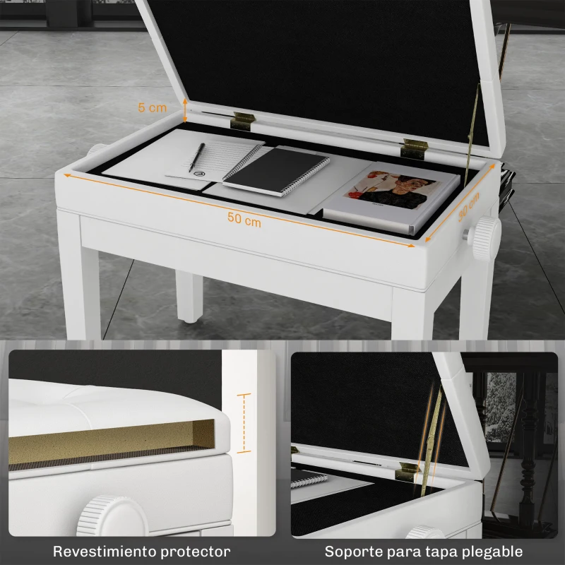 HOMCOM Banco para Piano con Ajustable en Altura de 48 a 58 cm Espacio de Almacenamiento Patas de Madera Blanco