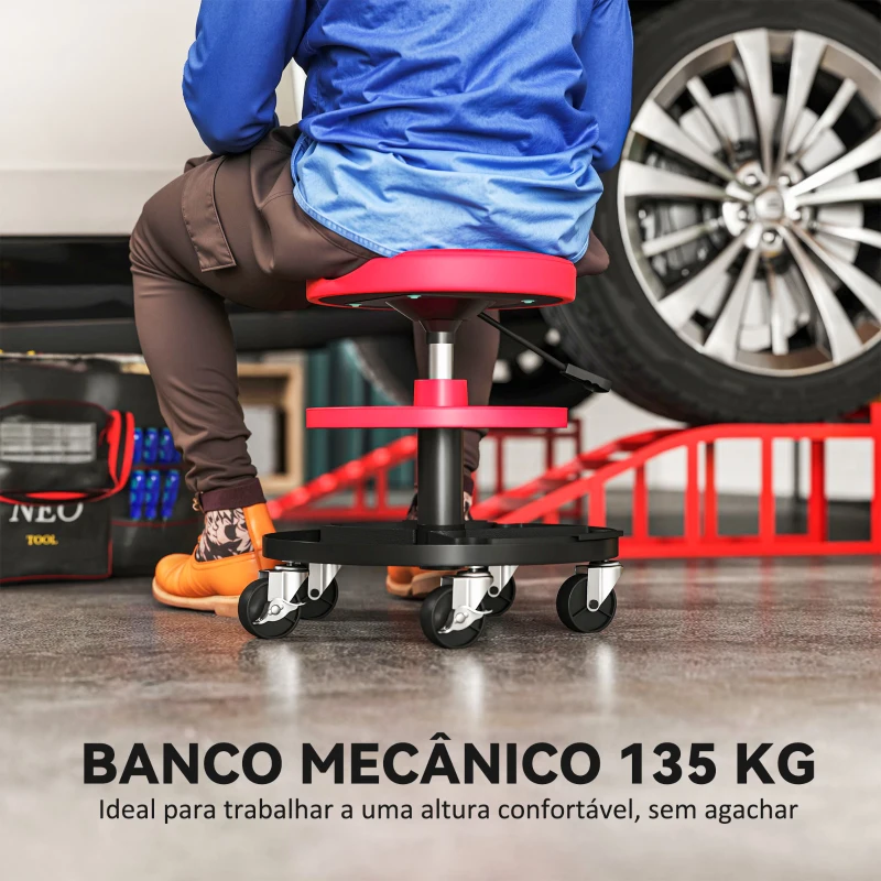HOMCOM Banco de Oficina Giratório com Rodas Altura Ajustável de 40-51 cm Banco para Mecânico com 2 Bandejas para Ferramentas, Vermelho