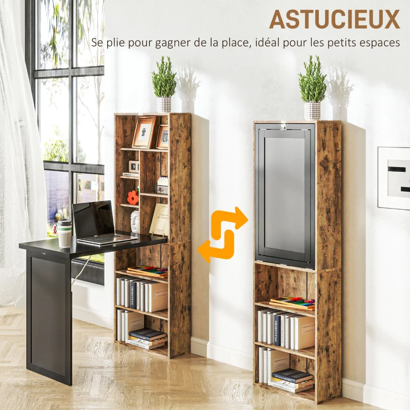 HOMCOM Bureau d'ordinateur pliable avec bibliothèque, poste de travail, tableau noir et étagère réglable, 98x51x153cm, marron